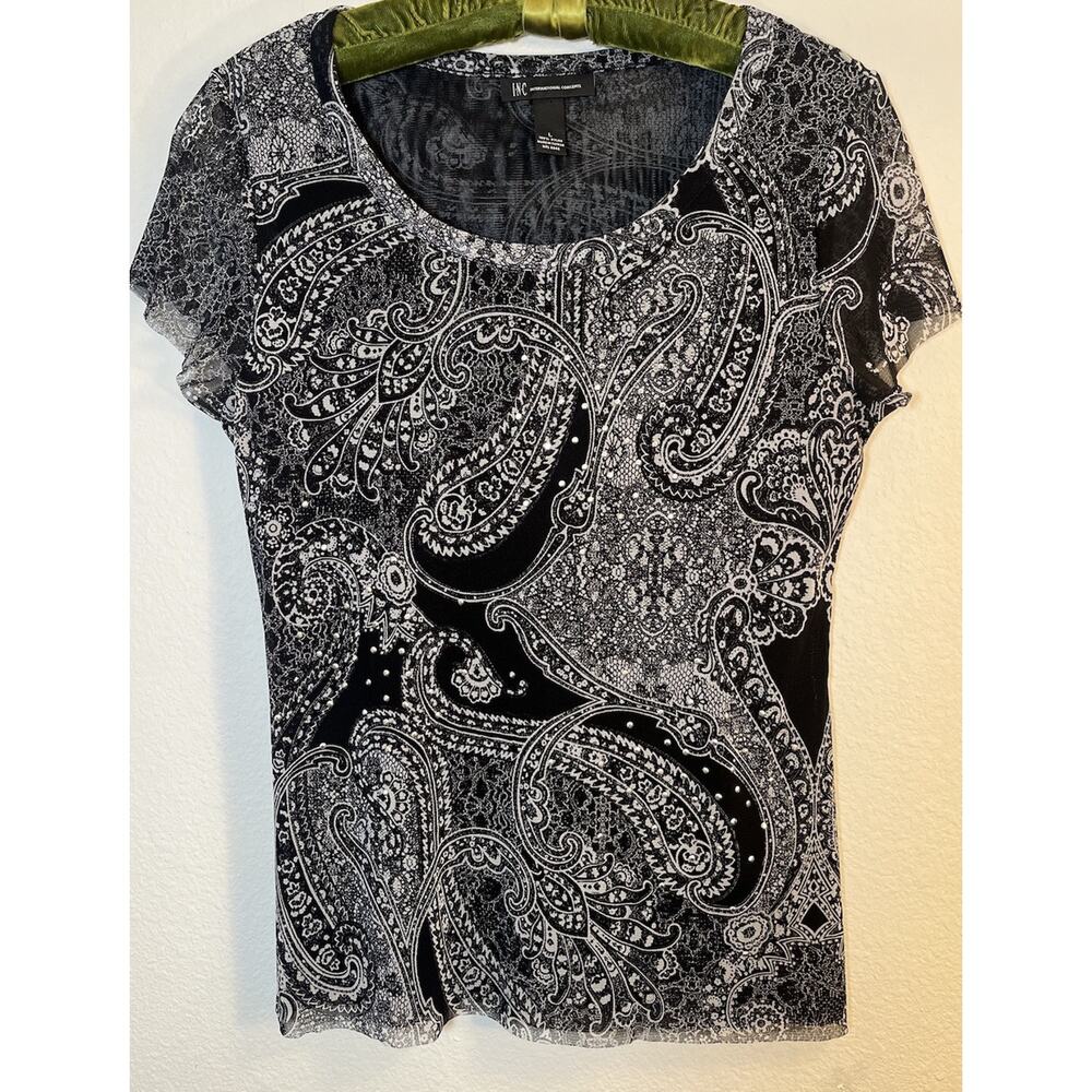 I.N.C. Top Women's Size Large Sheer Mesh Lined Paisley Rhinestone Fairy